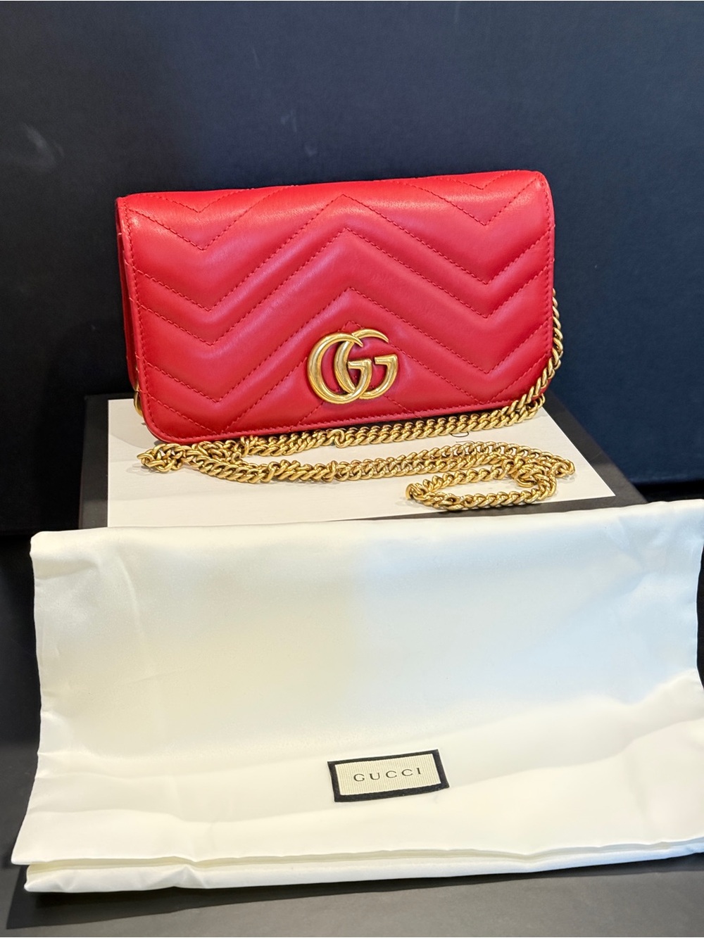 Gucci Red Chevron Quilted Leather Crossbody with Gold Chain